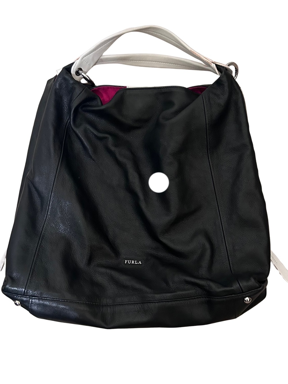 Furla Black Leather Tote with White Handles Pink Interior Accent Hobo Y2K Zip